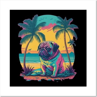 Pug on the beach at sunset Posters and Art